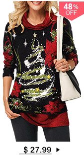 Cowl Neck Christmas Long Sleeve Star Print T Shirt