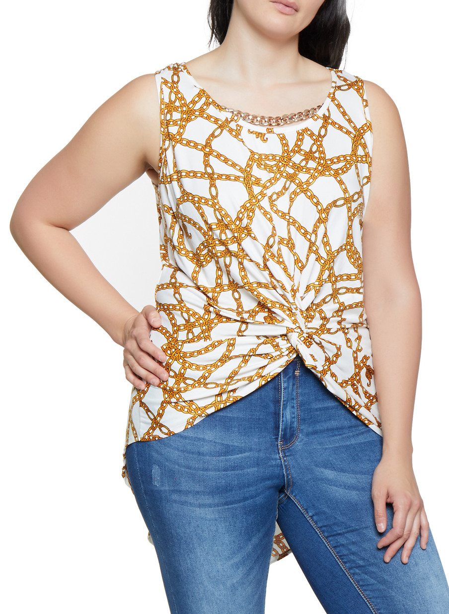 Plus Size Chain Print Twist Front Top