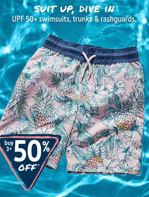 SUIT UP, DIVE IN | UPF 50+ swimsuits, trunks & rashguards | buy 3+ 50% OFF*