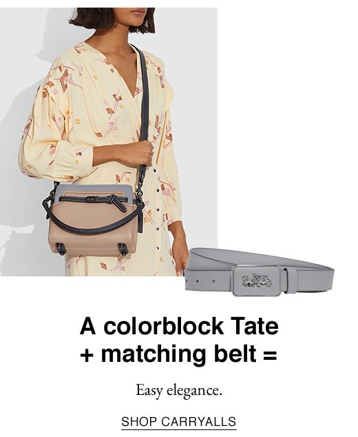 A colorblock Tate + matching belt = Easy elegance. SHOP CARRYALLS