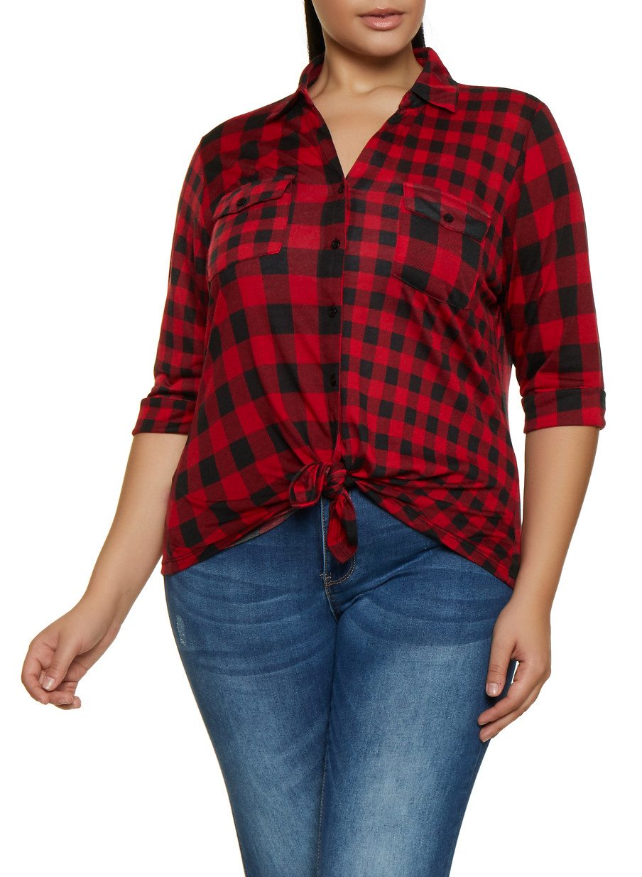 Plus Size Plaid Tie Front Shirt