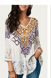 Three Quarter Sleeve Lace Patchwork White Blouse