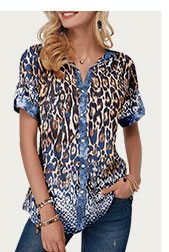 Leopard Print Turndown Collar Button Front Blouse