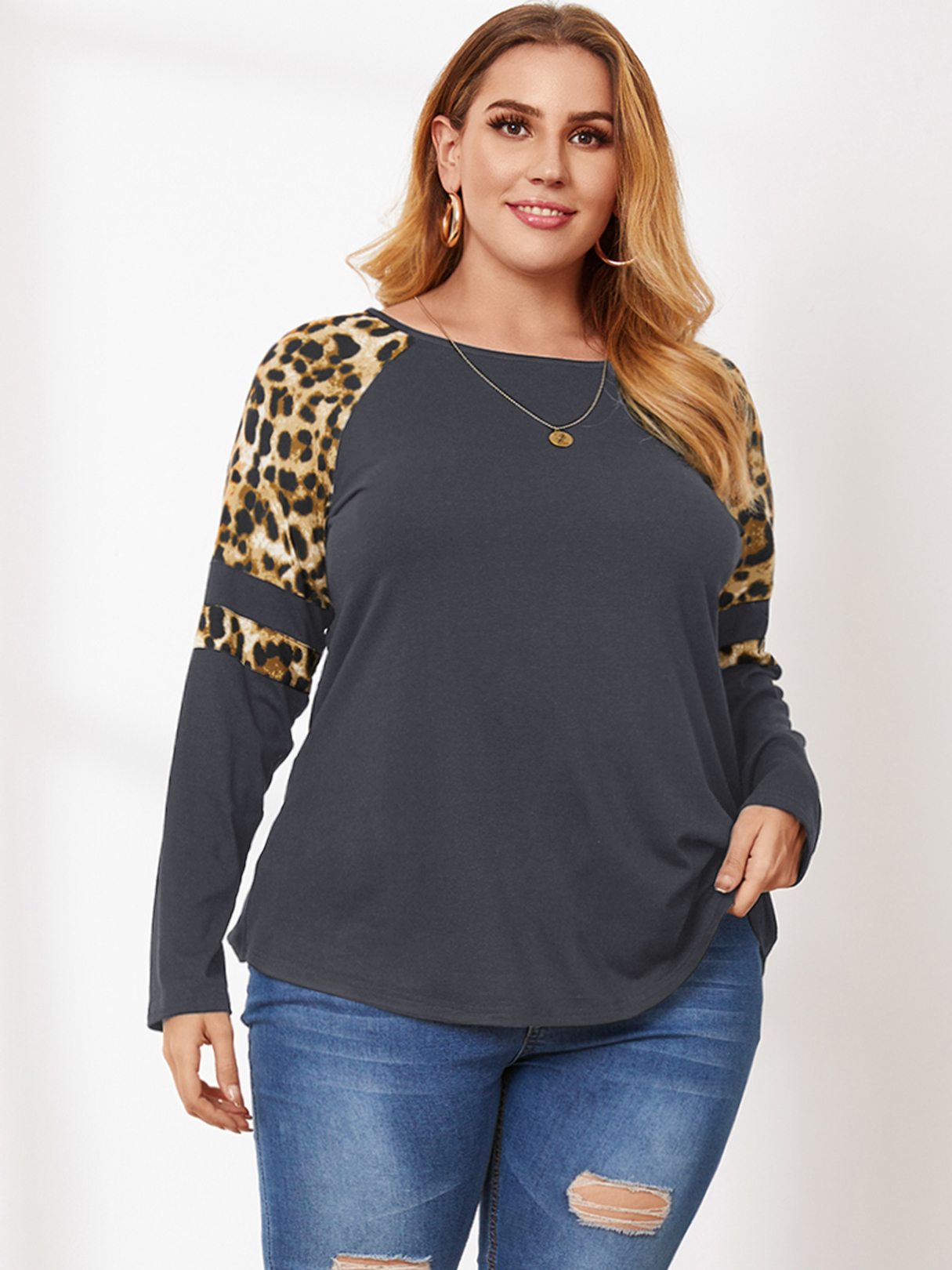 Plus Size Leopard Patchwork Long Sleeves Tee