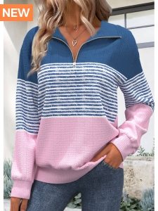 ROTITA Zipper Striped Dusty Blue Turn Down Collar Sweatshirt