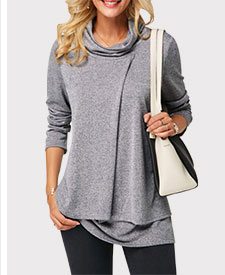 Cowl Neck Long Sleeve Layered Grey T Shirt