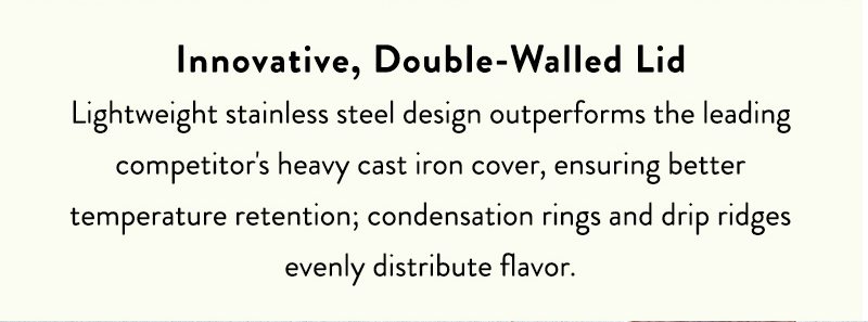 Lightweight stainless steel design outperforms the leading competitor's heavy cast iron cover, ensuring better temperature retention; condensation rings and drip ridges evenly distribute flavor.