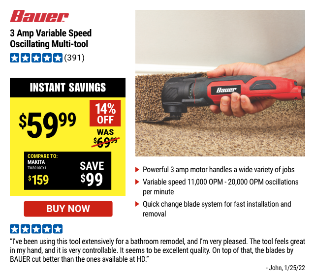 Bauer: 3 AMP Variable Speed Oscillating Multi Tool