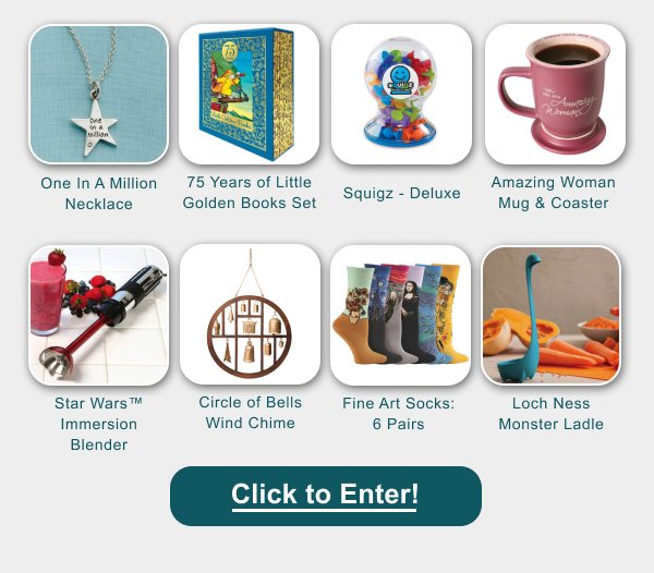 You Could Win: Nessie' Loch Ness Monster Ladle | Star Wars™ Rogue One Darth Vader Light Saber Handheld Immersion Blender | One In A Million Necklace | Squigz - Deluxe | 75 Years of Little Golden Books Commemorative Set | Set of 6 Pairs Fine Art | Socks: Da Vinci/Munch/Van Gogh/Klimt | Amazing Woman Mug and Coaster with Religious Inspirational Quote | Circle of Bells Indoor/Outdoor Wind Chime