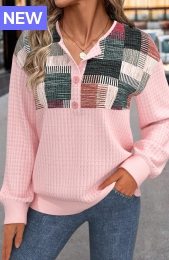 Pink Button Geometric Print Long Sleeve Sweatshirt