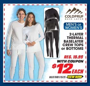 Coldpruf Men's or Women's 2-Layer Baselayer Crew Top or Bottoms