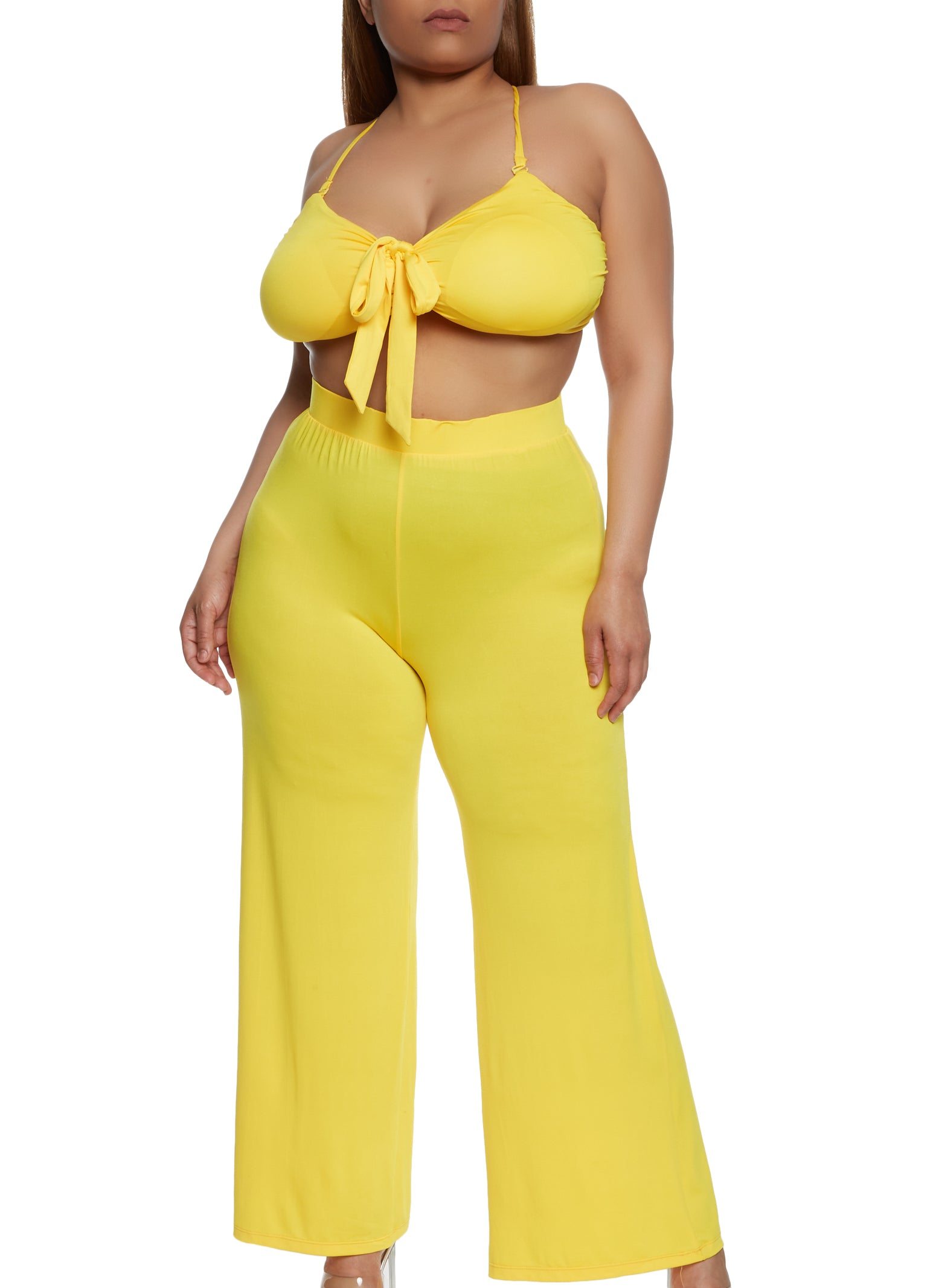 Plus Size Tie Front Crop Top and Wide Leg Pants