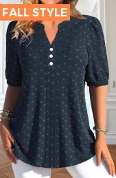 ROTITA Button Navy Split Neck Short Sleeve Blouse