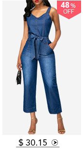 High Waist Open Back Pocket Blue Jumpsuit