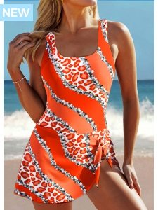 ROTITA Tie Orange Leopard One Piece Swimdress