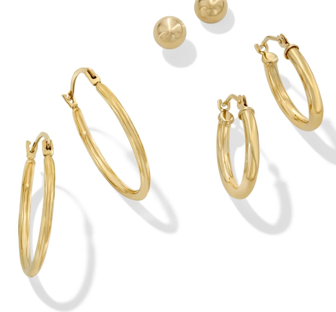 Stud & Hoop Three Pair Earrings Gift Set 10K Yellow Gold