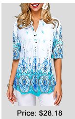 Button Front Tribal Print Split Neck Blouse