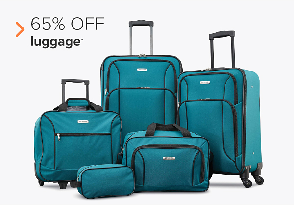 A five piece rolling luggage set in green. 65% off luggage.