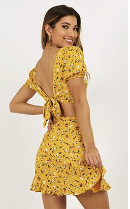 Shop: Miracles Do Happen Dress In Mustard Floral
