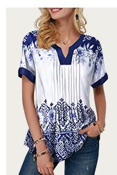 Retro Print Split Neck Pleated Blouse