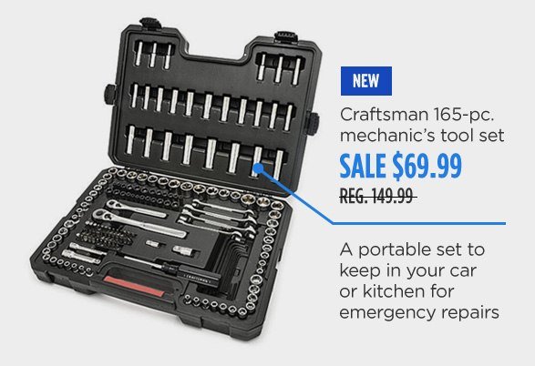 NEW | Craftsman 165-pc. mechanic's tool set | SALE $69.99 | REG. $149.99 | A portable set to keep in your car or kitchen for emergency repairs