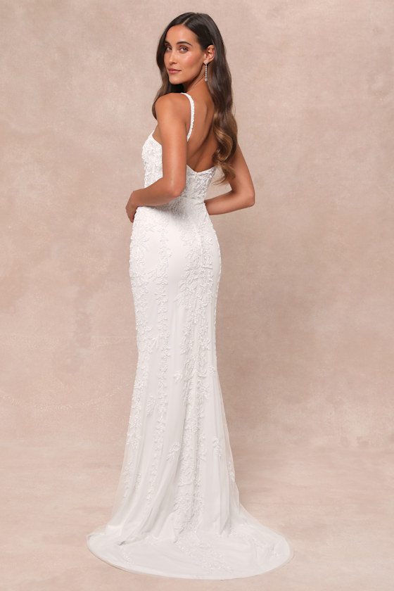Image of Momentous Love White Beaded Bustier Mesh Mermaid Maxi Dress