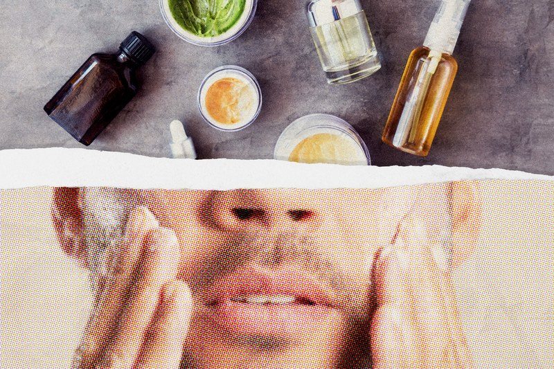 Skincare Products on paper and ripped paper of man rubbing face on bottom