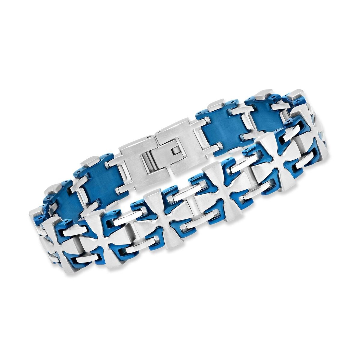 Men's Blue and White Stainless Steel Cross-Link Bracelet. 8.5"