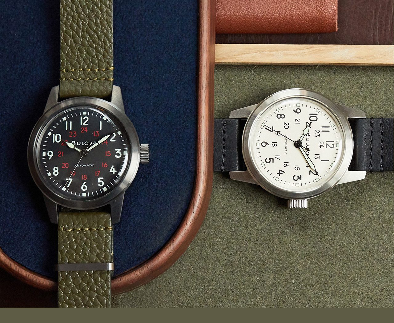 Hack Watches flat-lay, black dial and green leather strap and 