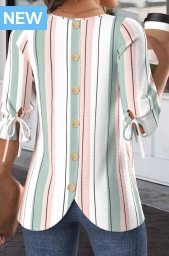 White Drawstring Striped Half Sleeve Round Neck Blouse