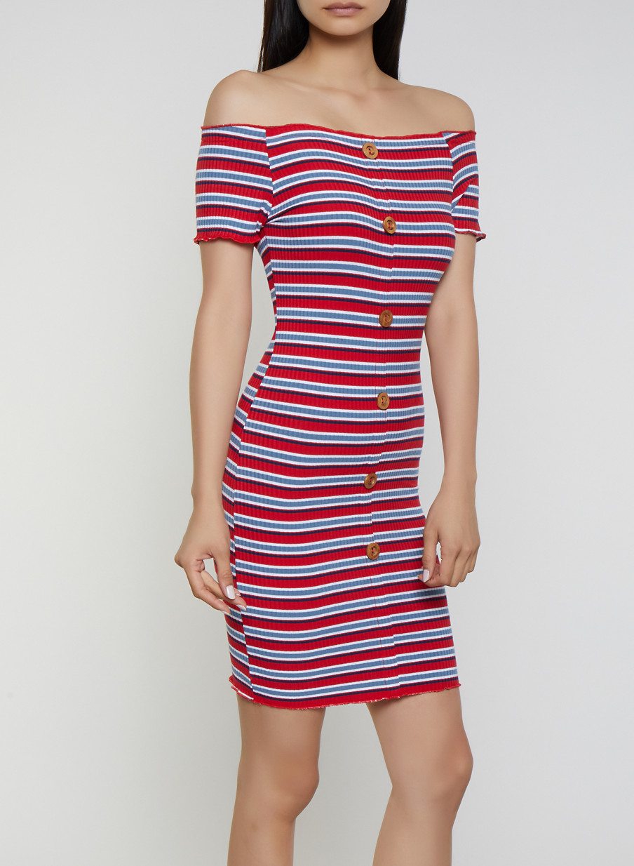 Off the Shoulder Striped Ribbed Knit Dress