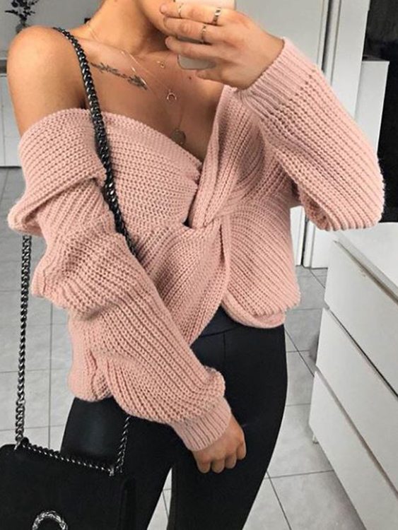 Cable Knit Twist V-neck Long sleeves Sweater