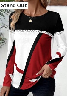 Wine Red Patchwork Geometric Print Long Sleeve T Shirt