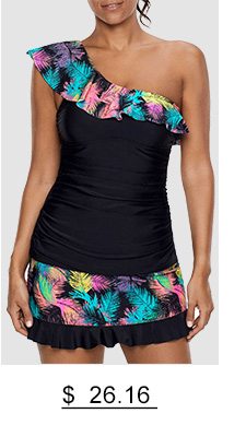 Printed Black Ruffle Trim Tankini Top and Pantskirt