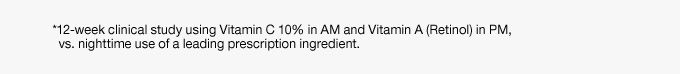 *12-week clinical study using Vitamin C 10% in AM and Vitamin A (Retinol) in PM, vs. nighttime use of a leading prescription ingredient.