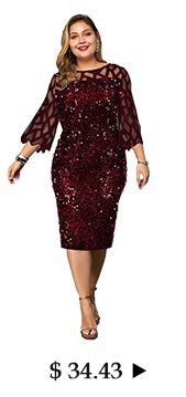 Plus Size Sequin Embellished Three Quarter Sleeve Dress 