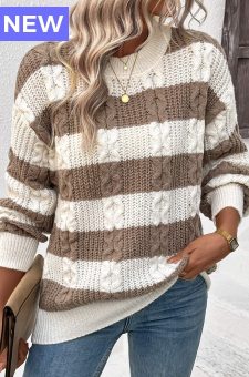 Dark Coffee Weave Striped Long Sleeve Round Neck Sweater