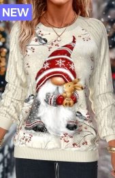 Christmas Beige Patchwork Long Sleeve Round Neck Sweatshirt