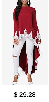 Dip Hem Lace Patchwork Burgundy Blouse