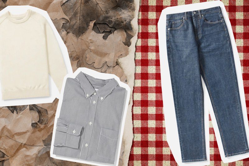 A sweater, a button up, and a pair of jeans on a patterned background