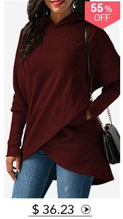 Long Sleeve Asymmetric Hem Wine Red Pocket Hoodie