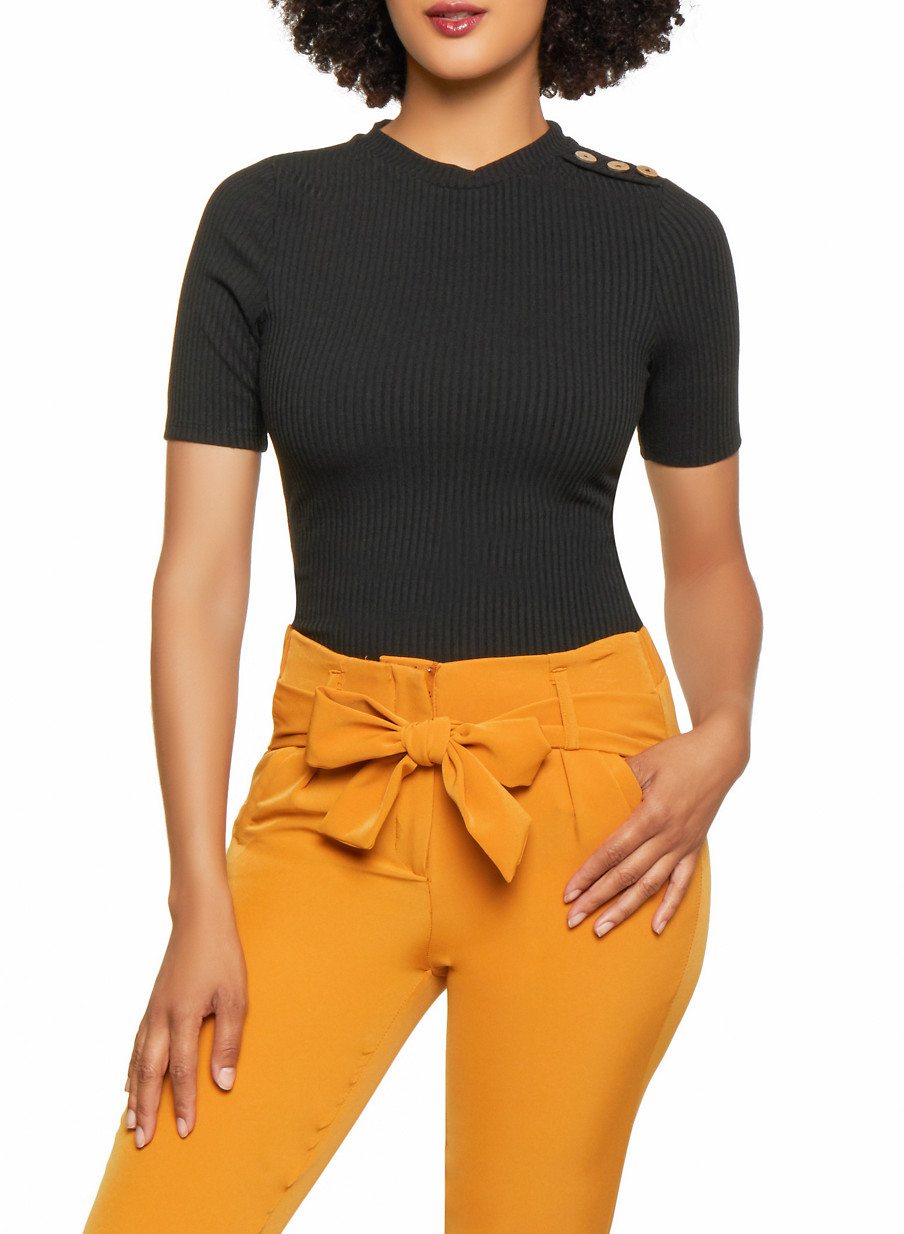 Button Shoulder Ribbed Top