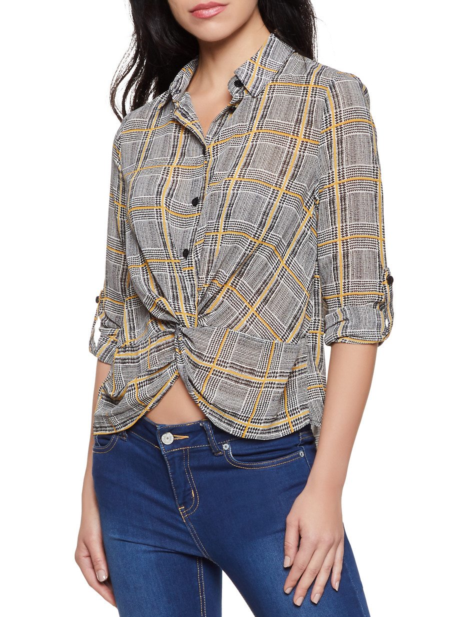 Plaid Twist Front Crepe Knit Shirt