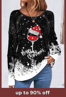 ROTITA Button Christmas Print Black Round Neck Long Sleeve Sweatshirt