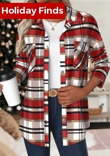 Red Patchwork Plaid Long Sleeve Turn Down Collar Coat