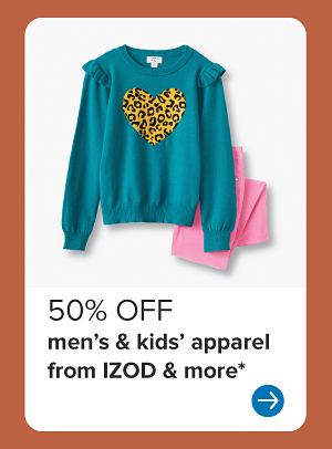 A girl's teal top and pink pants. 50% off men's and kids' apparel from Izod and more.