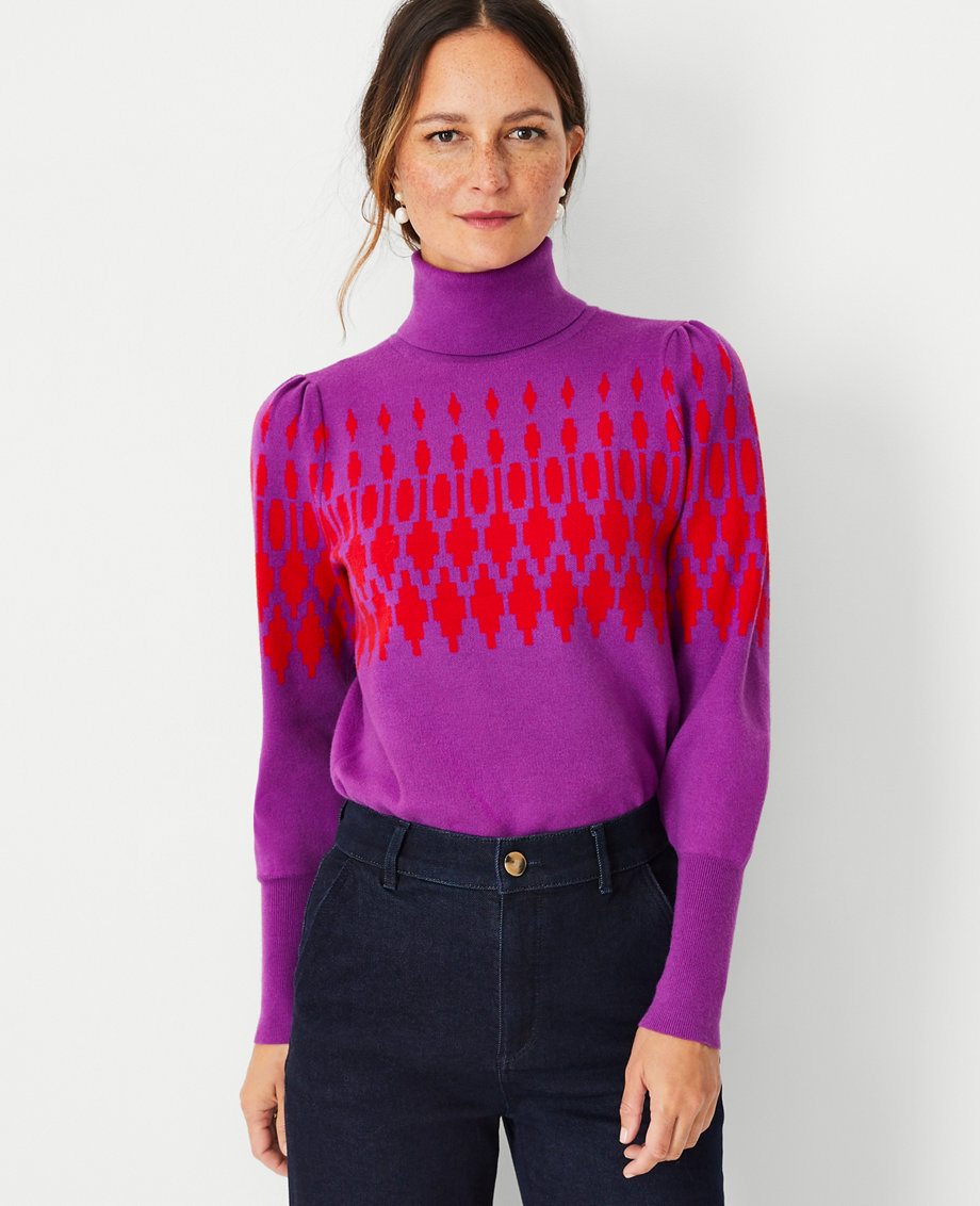 Fair Isle Turtleneck Balloon Sleeve Sweater