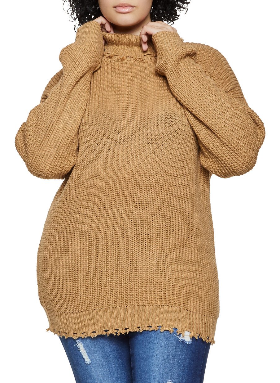 Plus Size Frayed Turtleneck Knit Sweater