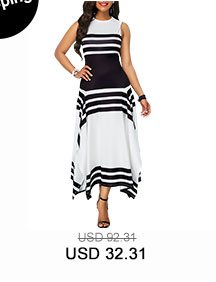 Stripe Print Asymmetric Hem Sleeveless Midi Dress