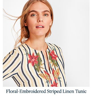 FLORAL-EMBROIDERED STRIPED LINEN TUNIC